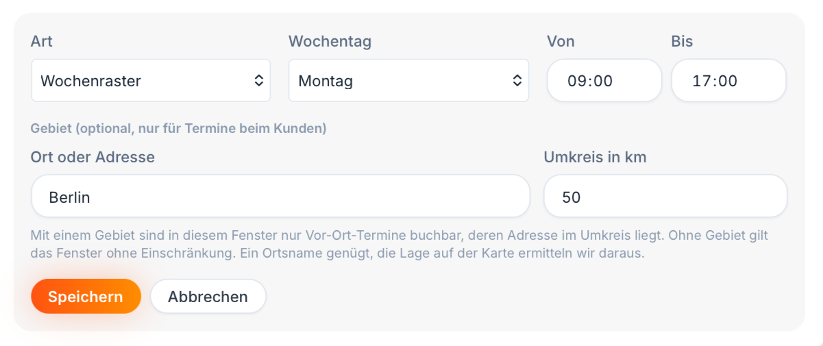 Umkreis- und Fahrzeitprüfung für Termine vor Ort